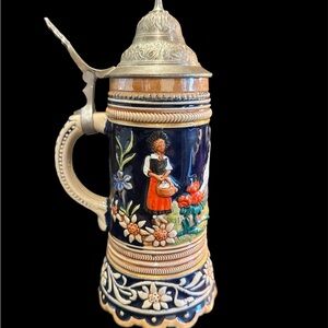 Vintage DBGM German Ceramic Beer Stein Hinged Lid 8.75” H